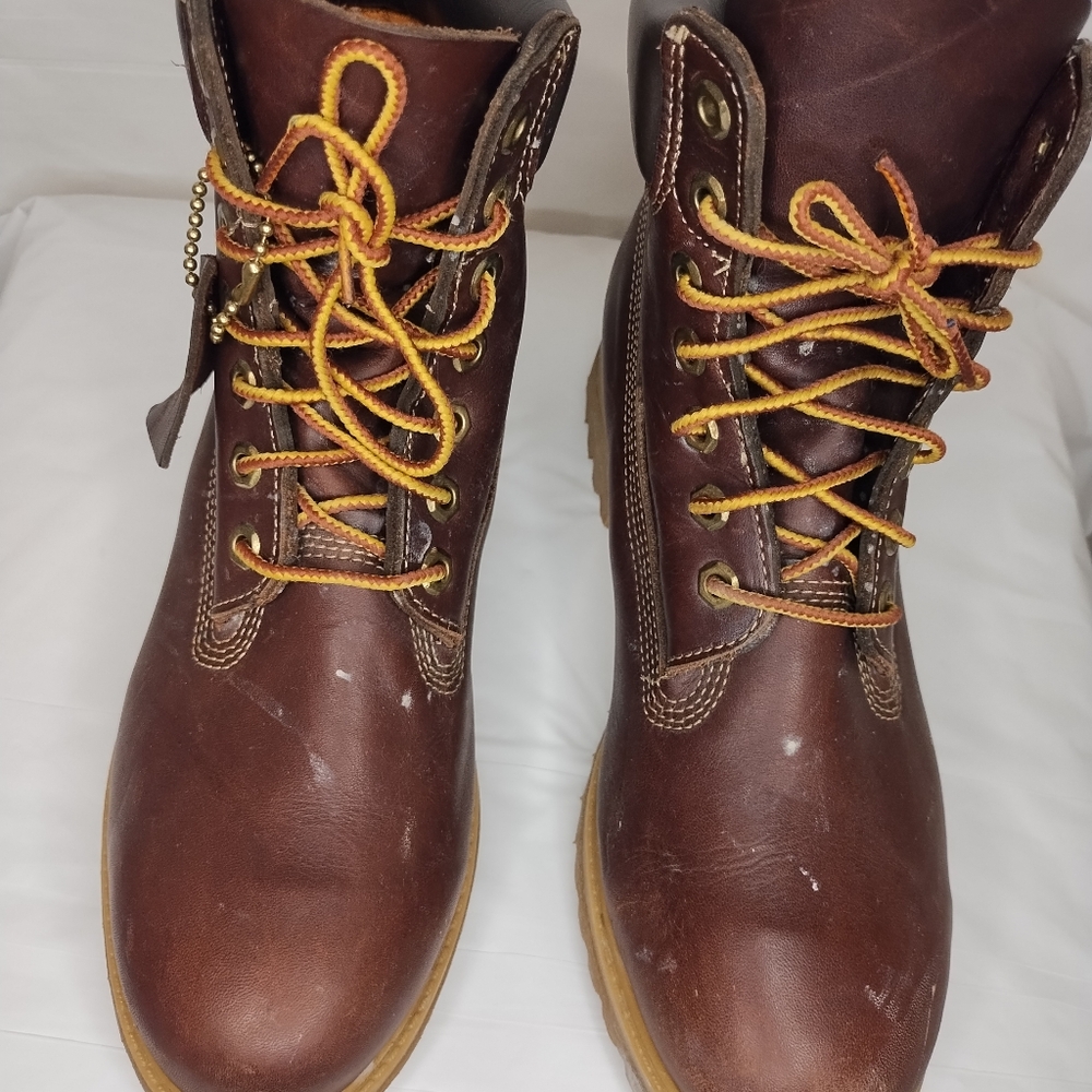 TIMBERLAND HERITAGE 6IN PREMIUM BURNISHED BROWN LEATHER WATERPROOF WORK BOOTS...